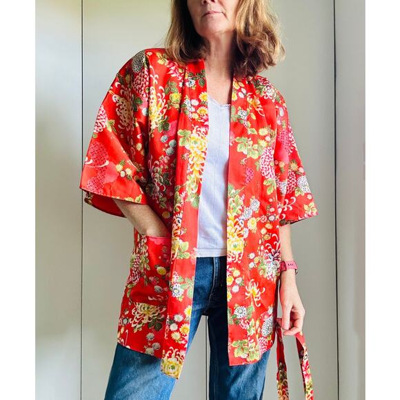 Vintage 70s Kimono Short Robe Orange floral Print Belted Pockets Loungewear Pool - Picture 2 of 8